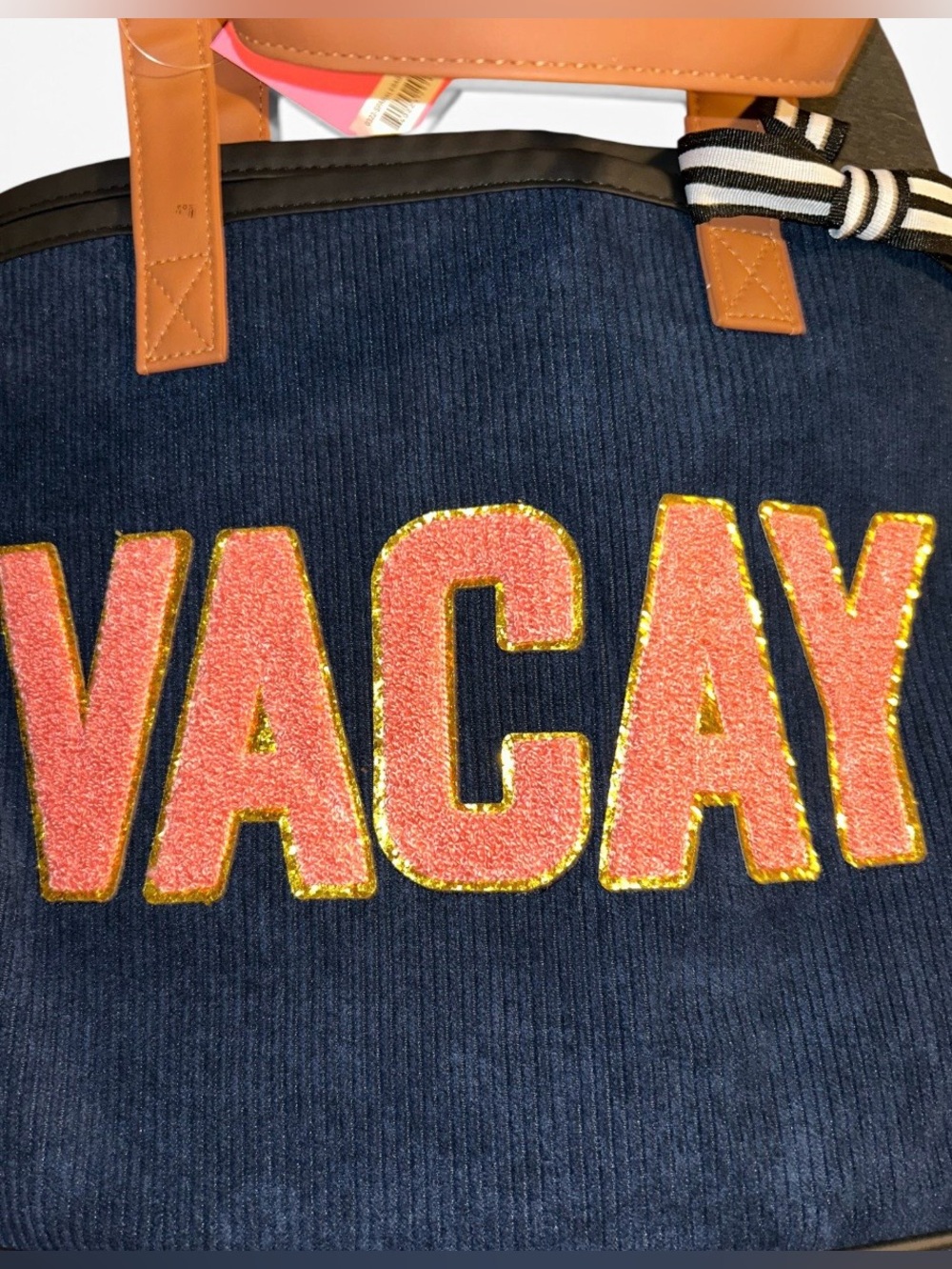 NWT Simply Southern Large Navy Blue Corduroy Sparkle Tote "VACAY" Travel Bag - Picture 2 of 4